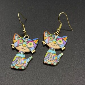 Cat Lady Earrings Whimsical Boho Patchwork Colorful Pierced Dangle Gold Tone NEW